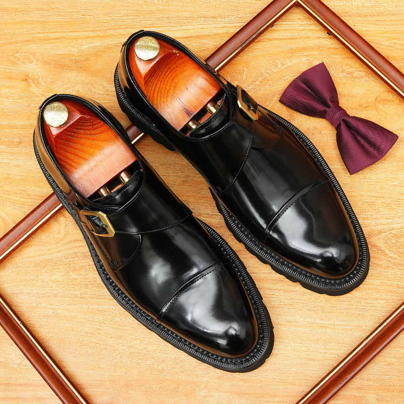 Men's Stitched Cap Toe Pointed Single Monk Strap Leather Shoes