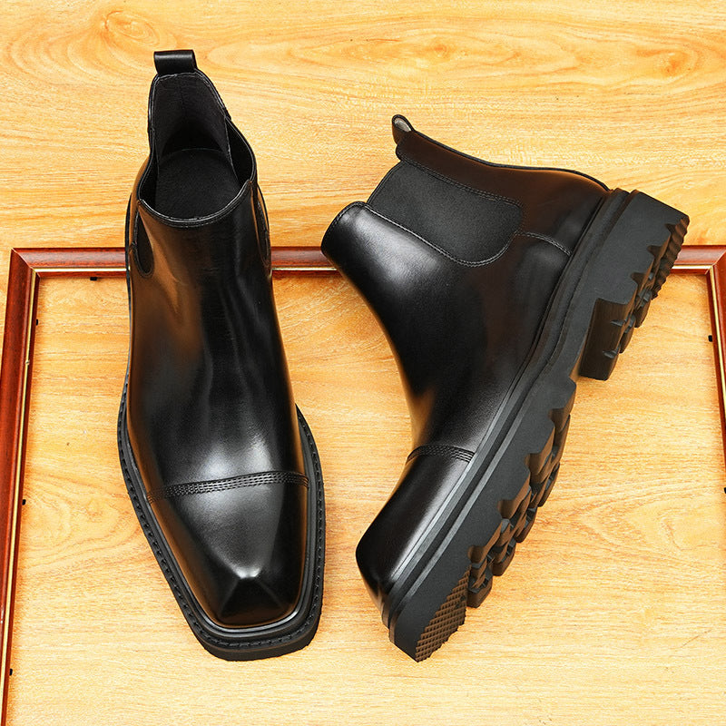 Men's Thick Sole Cap Toe Leather Chelsea Boots - Slip-On