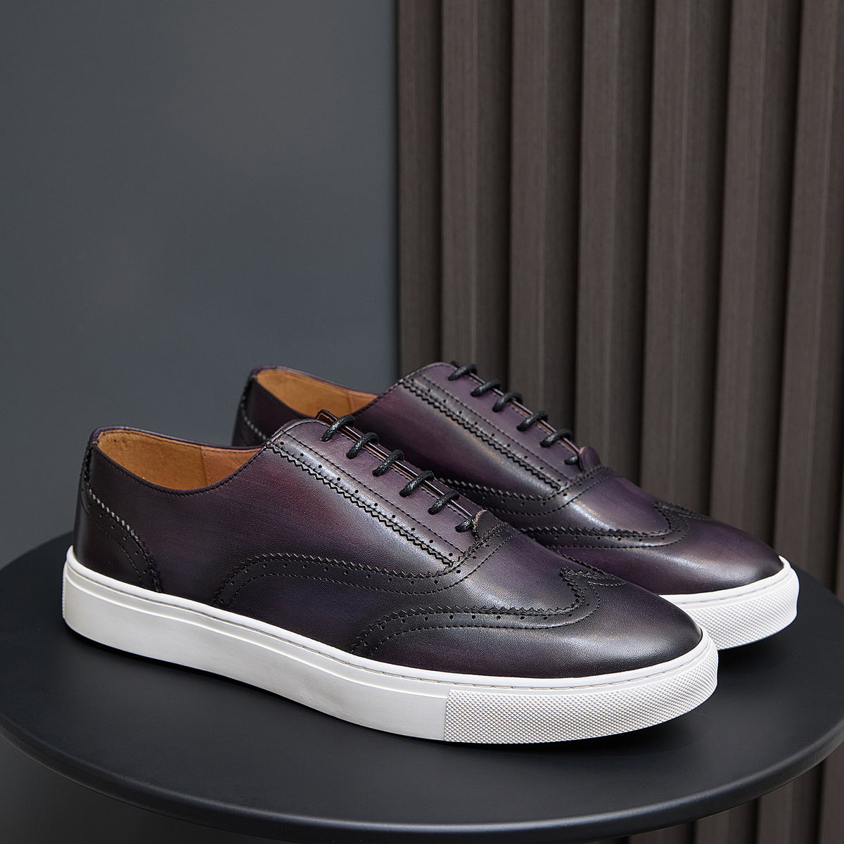 Men's leather lace-up sneakers in purple with white rubber sole