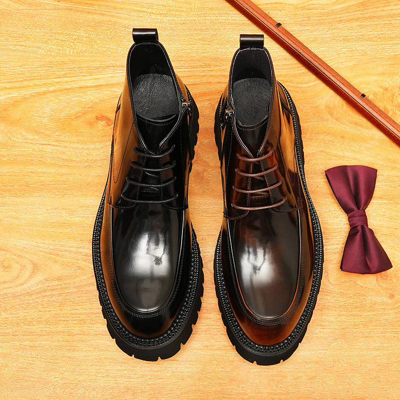 Men's Platform Decorative Lace-Up Leather Zip Boots