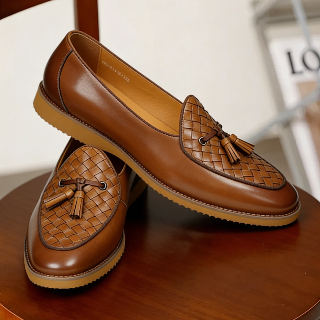 Men's Woven-Pattern Leather Tassel Dress Loafers