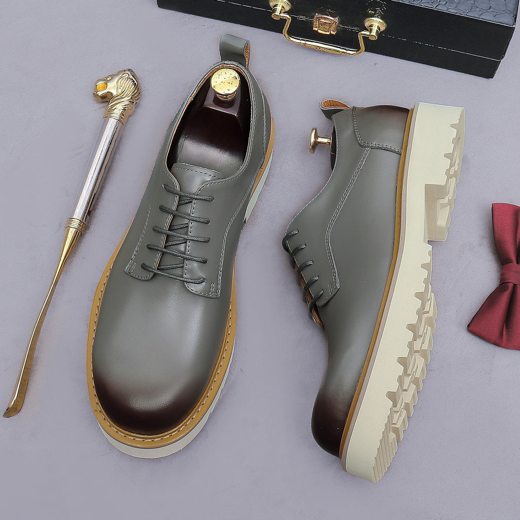 Men's pointed-toe leather derby dress shoes, gray, lace-up side view with tread sole