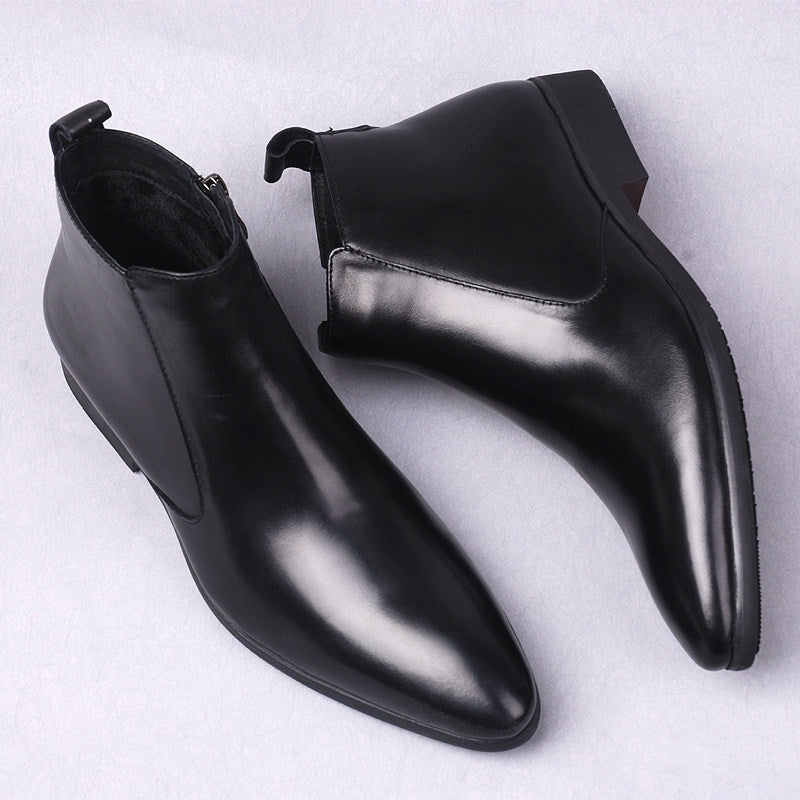 Men's black leather dress boots with thick sole and side zipper detail