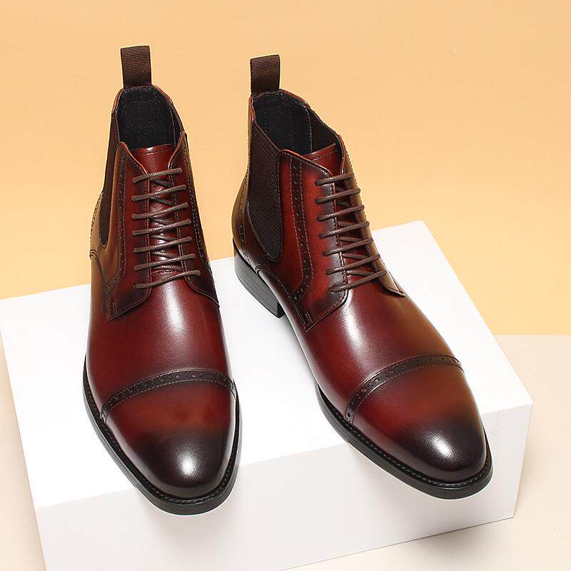 Dark red-brown leather lace-up Chelsea dress boots with elastic side panels