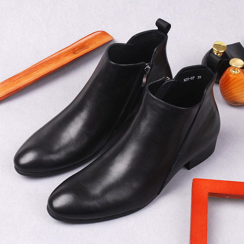 Black leather ankle dress boots, side zip closure, thick sole profile