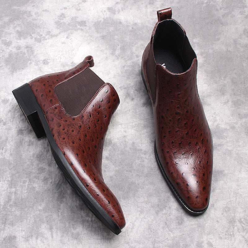 Pair of dark brown leather Chelsea slip-on boots with side elastic gore