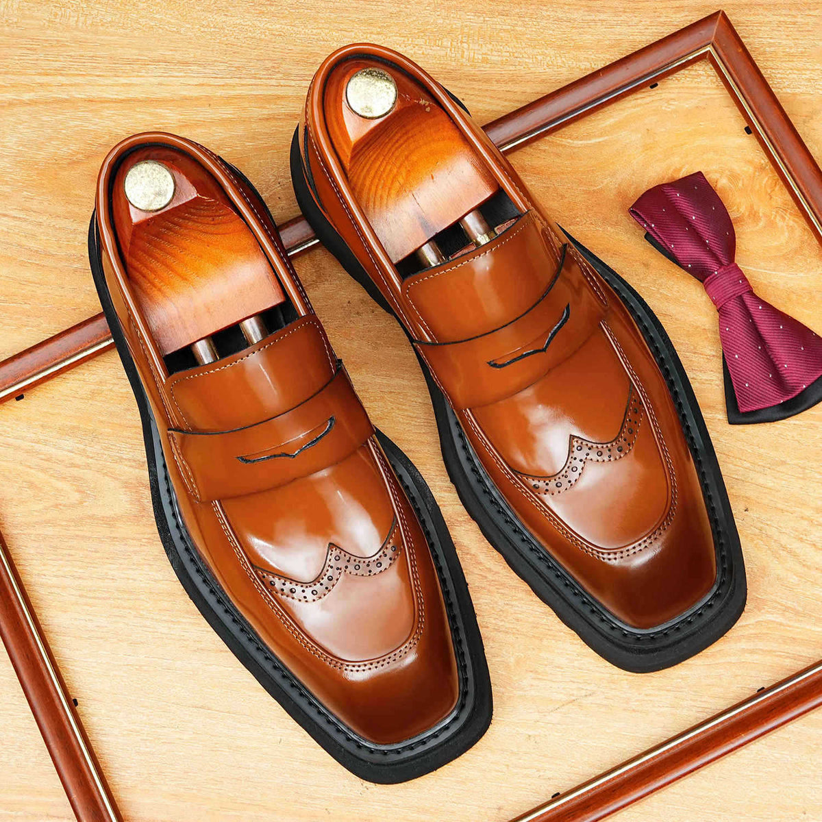 Men's Square Toe Brogue Platform Leather Loafers