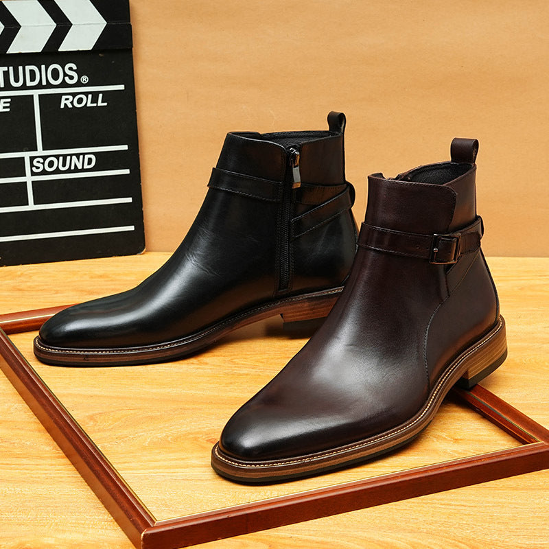 Men's Pointed Toe Buckle Leather Side-Zip Dress Boots