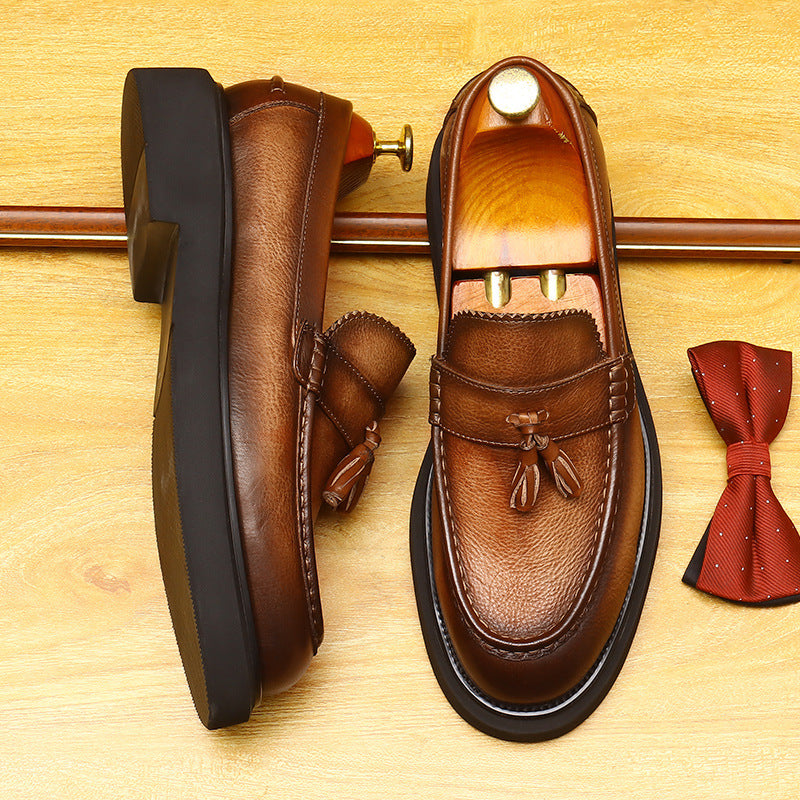 Men's Round Toe Tassel Platform Leather Dress Loafers