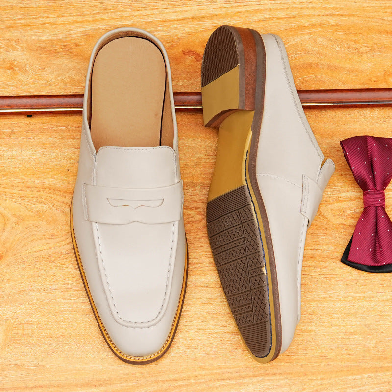Men's Beige Pointed Toe Leather Mule Loafers