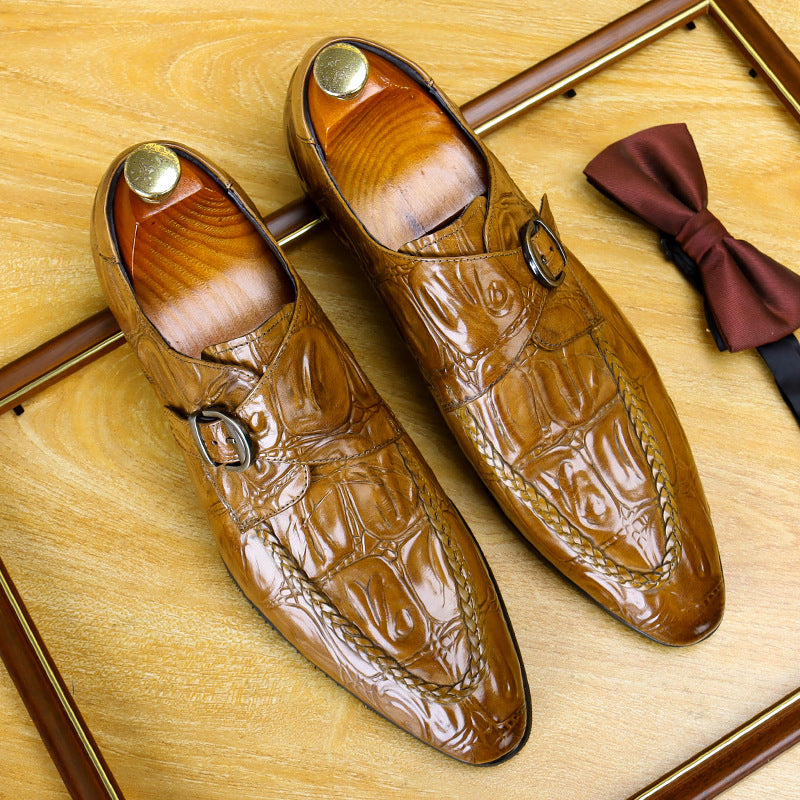 Men's Allover Croc Embossed Pointed Toe Single Monk Shoes