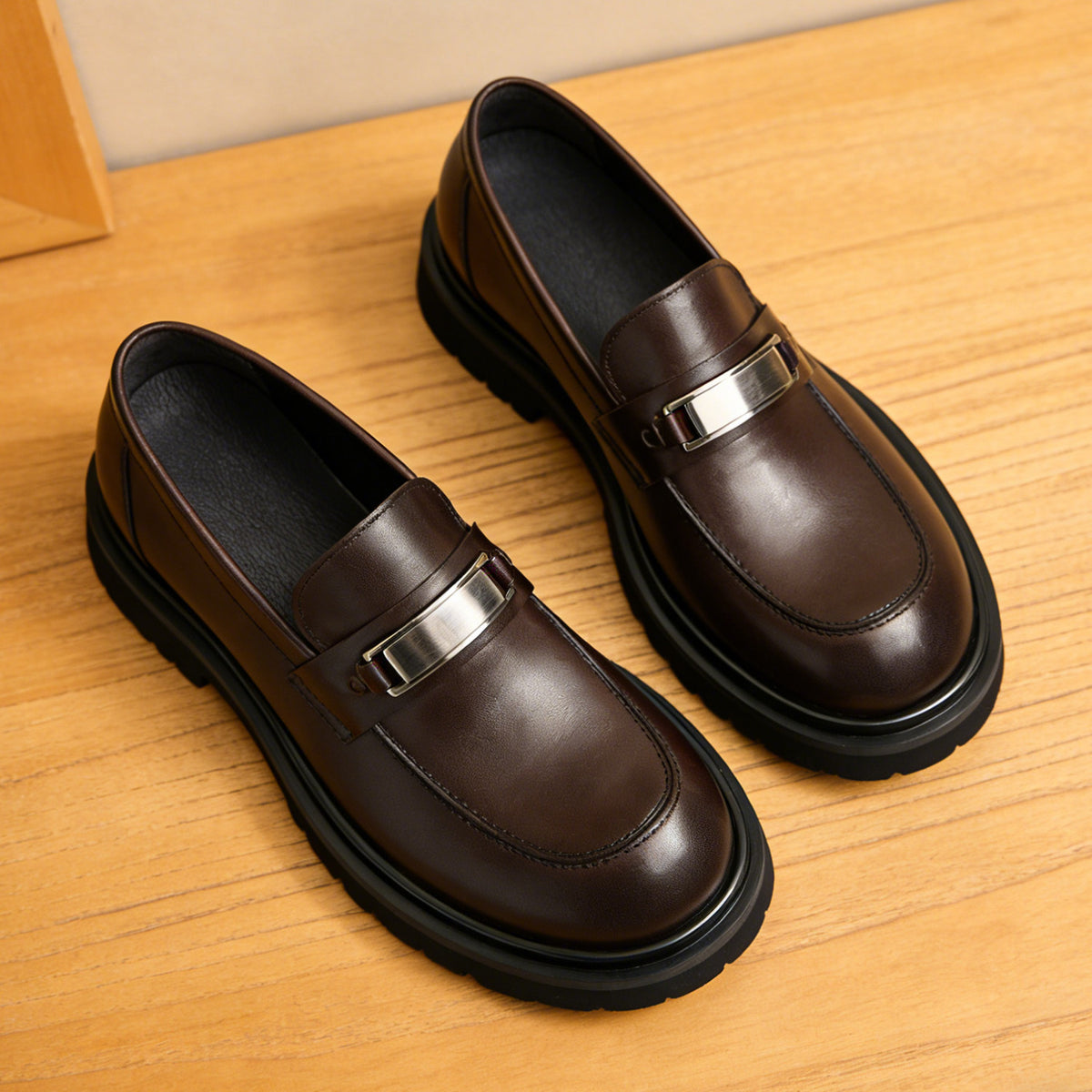 Men's Vintage Round Toe Platform Leather Dress Loafers