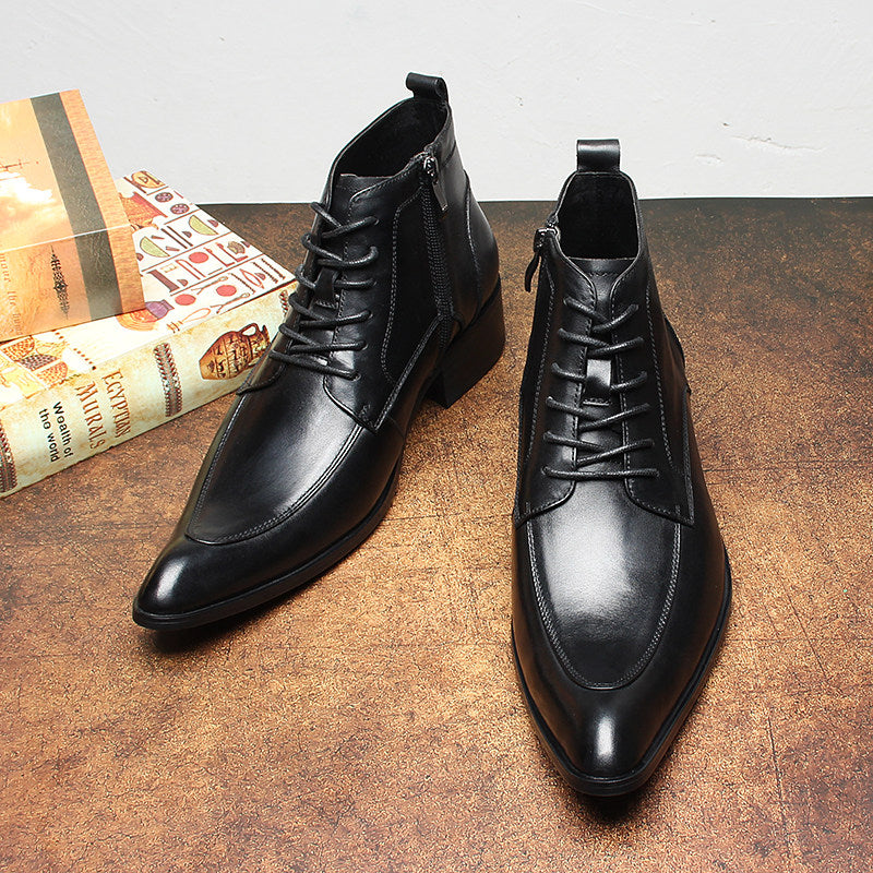 Black leather ankle boots with thick sole, lace-up front and side zipper, two-quarter view