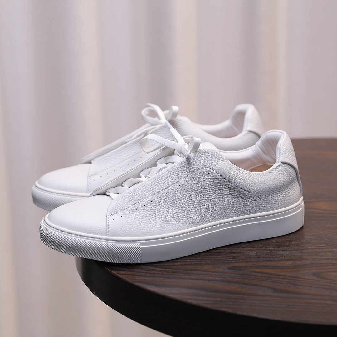 Men's genuine leather sneakers, white lace-up with textured leather uppers and low profile sole