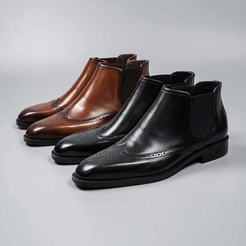 Set of genuine leather chelsea dress boots: black and brown, elastic side panels