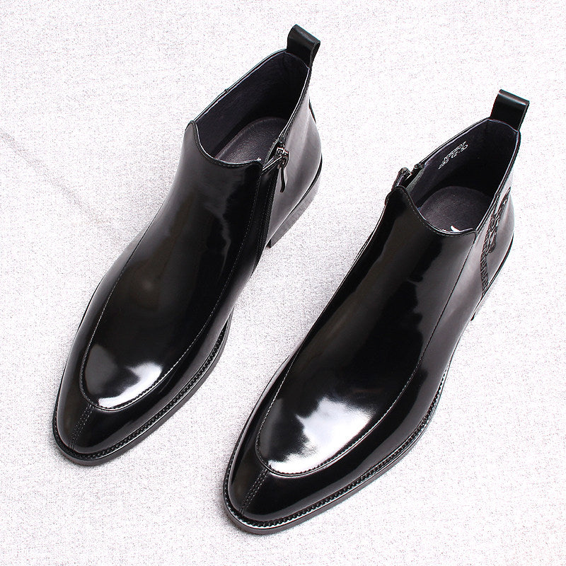 Men's thick-sole leather side-zip boots, black, pair view angled from above
