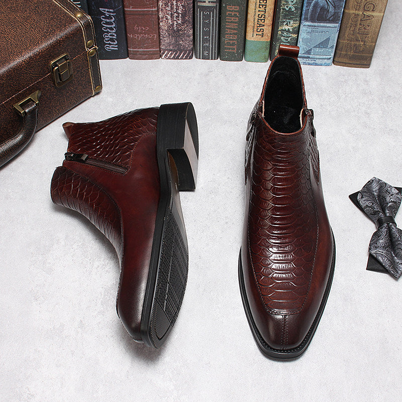 Men's burgundy leather ankle boots with side zip, thick stacked heel sole