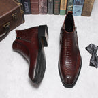 Men's burgundy leather ankle boots with side zip, thick stacked heel sole