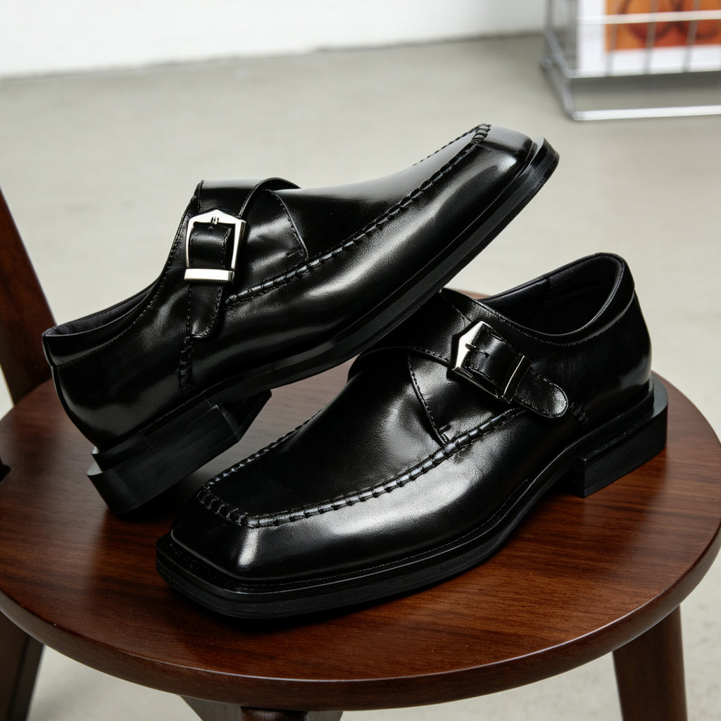 Men's Angular Square Toe Single Monk Strap Leather Shoes