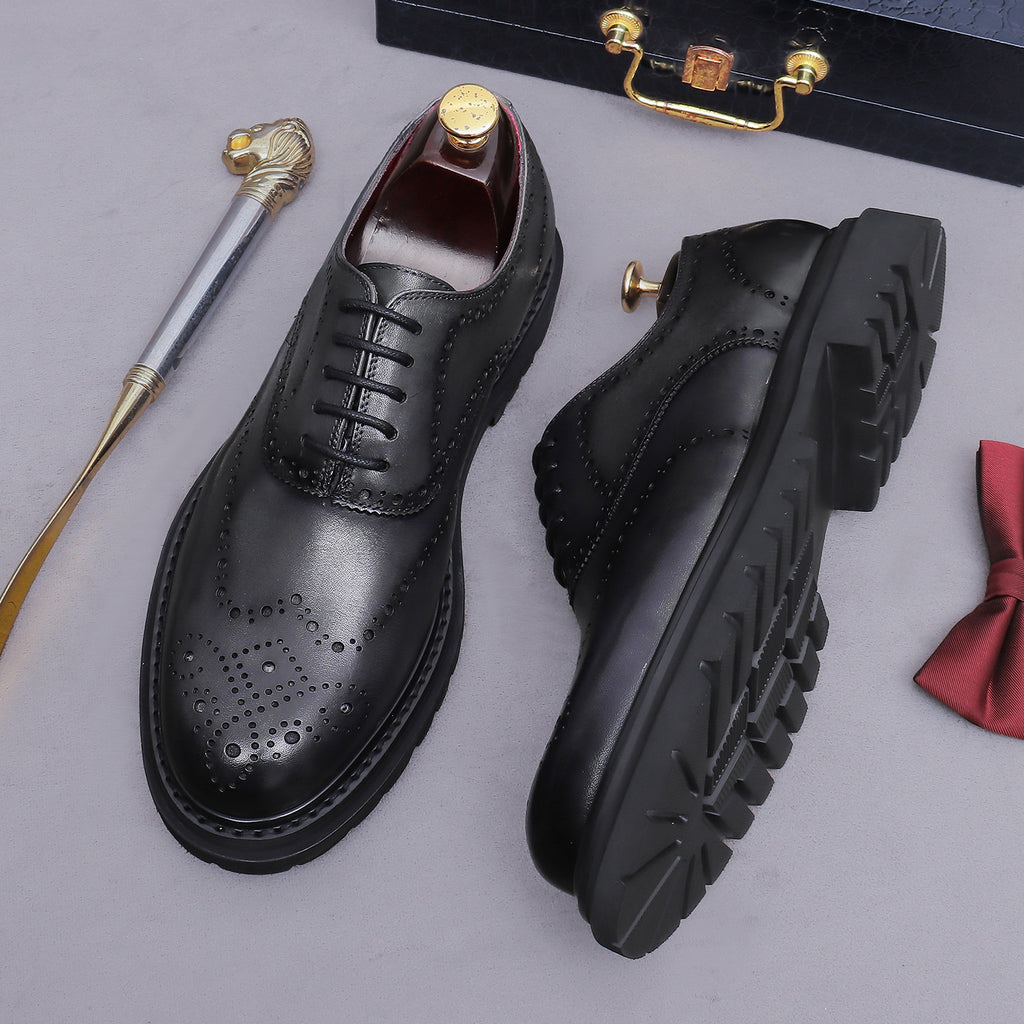 Men's chunky lug sole wingtip brogue oxfords, black pair, lace-up with rugged lug sole