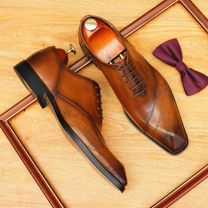 Brown Mixed-Textured Lace-up Oxford Shoes for Formal Business
