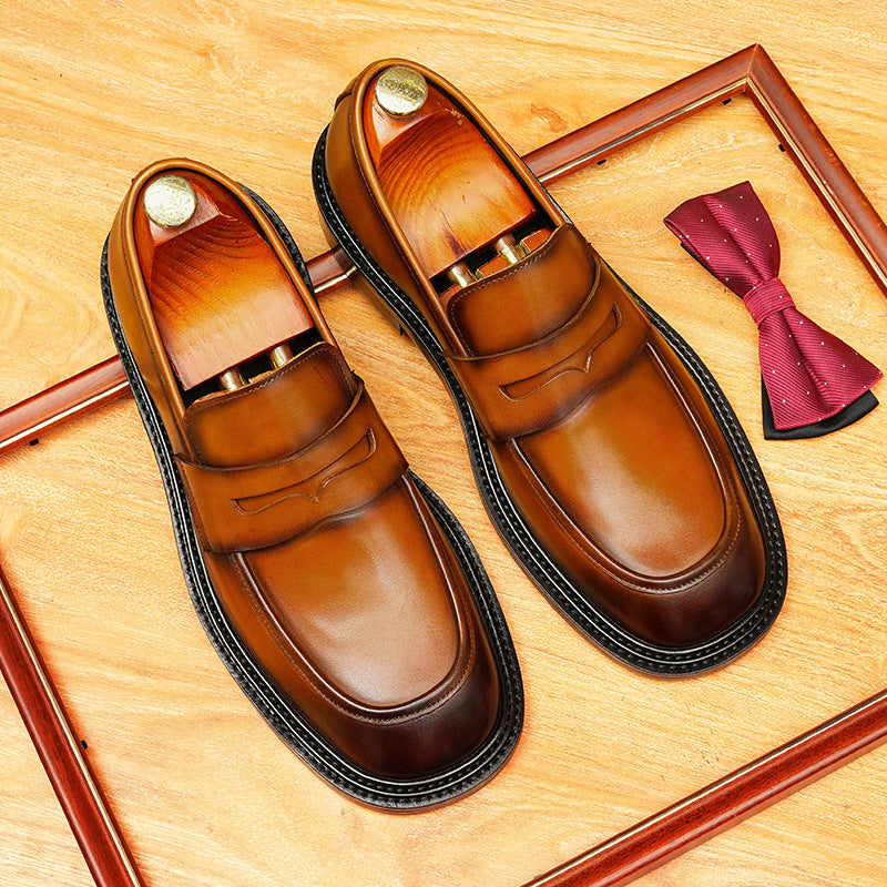 Men's Burnished-Style Broad Round Toe Leather Loafers