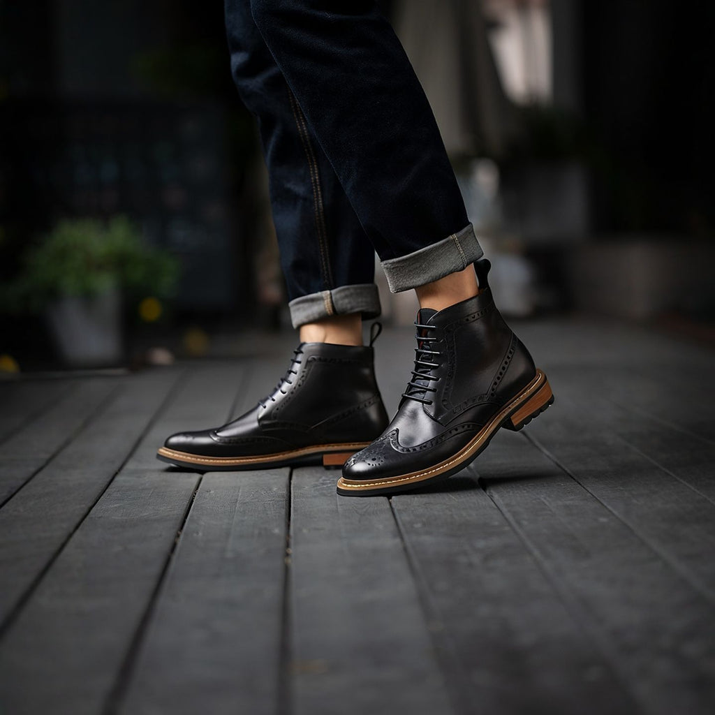 Wingtip Brogue Leather Back-Zip Lace-Up Boots for Men