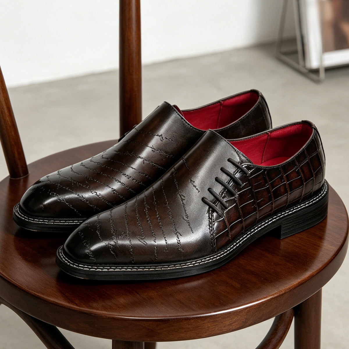 Men's Letter-Detail Crocodile Embossed Dress Loafers