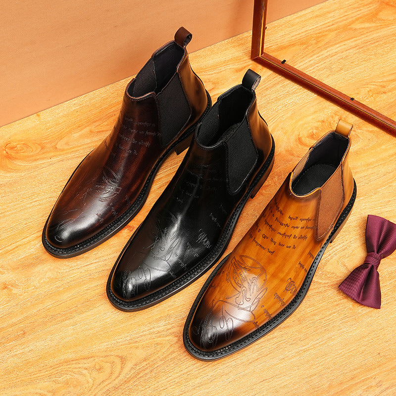Men's Fashion Script Engraved Slip-On Chelsea Boots
