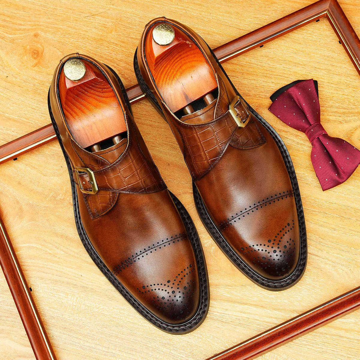 Men's Cap Toe Single Monk Strap Pointed Leather Shoes