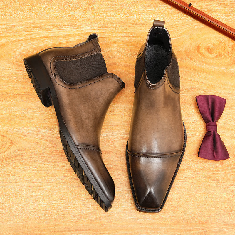Men's Pointed Cap Toe Leather Slip-On Chelsea Boots