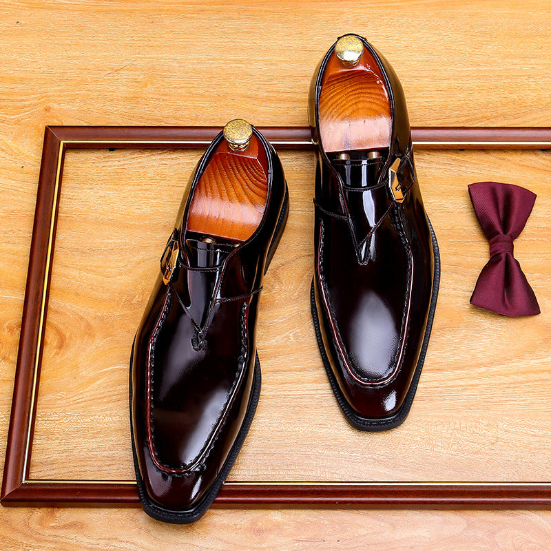 Men's Black Burgundy Pointed Toe Single Monk Strap Leather Shoes