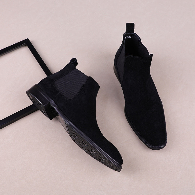 Black Chelsea dress boots with elastic gore and low stacked heel
