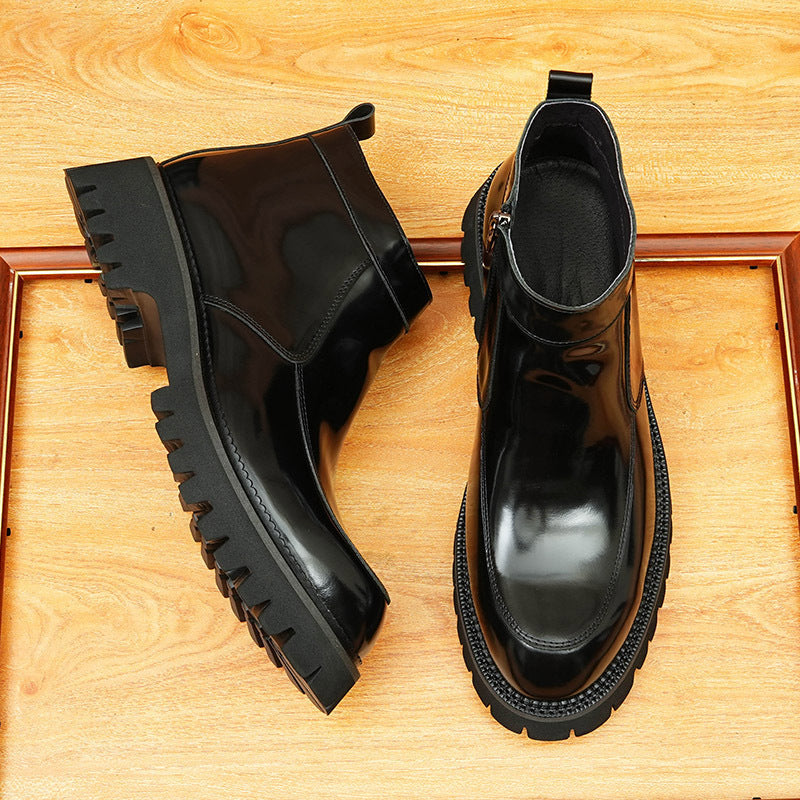 Men's Round Toe Platform Leather Side-Zip Dress Boots