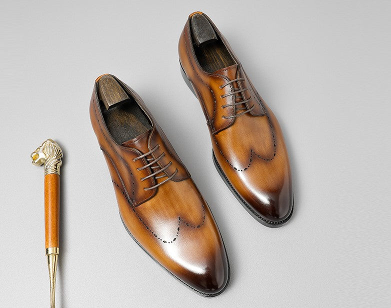 Men's Hand-Burnished Leather Wingtip Brogue Derby Shoes