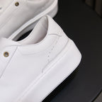 White leather sneaker upper close-up with stitching, eyelets, and lace channel