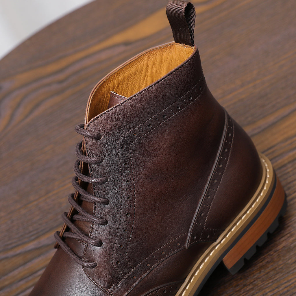 Wingtip Brogue Leather Back-Zip Lace-Up Boots for Men