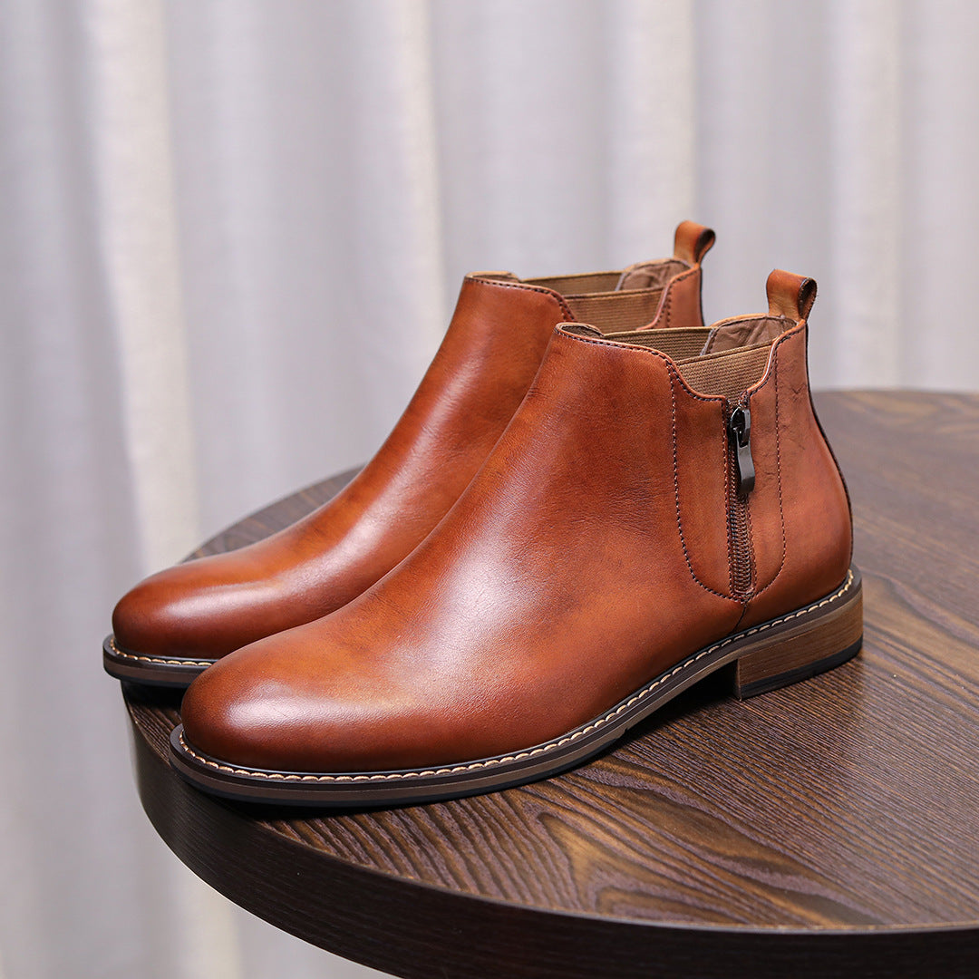 Men's Leather Plain Toe Side-Zip Chelsea Dress Boots