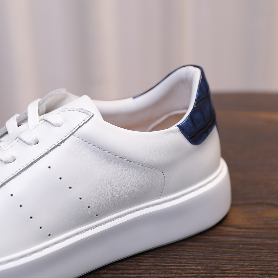Men's leather sneakers, white with dark blue heel and perforated toe panel