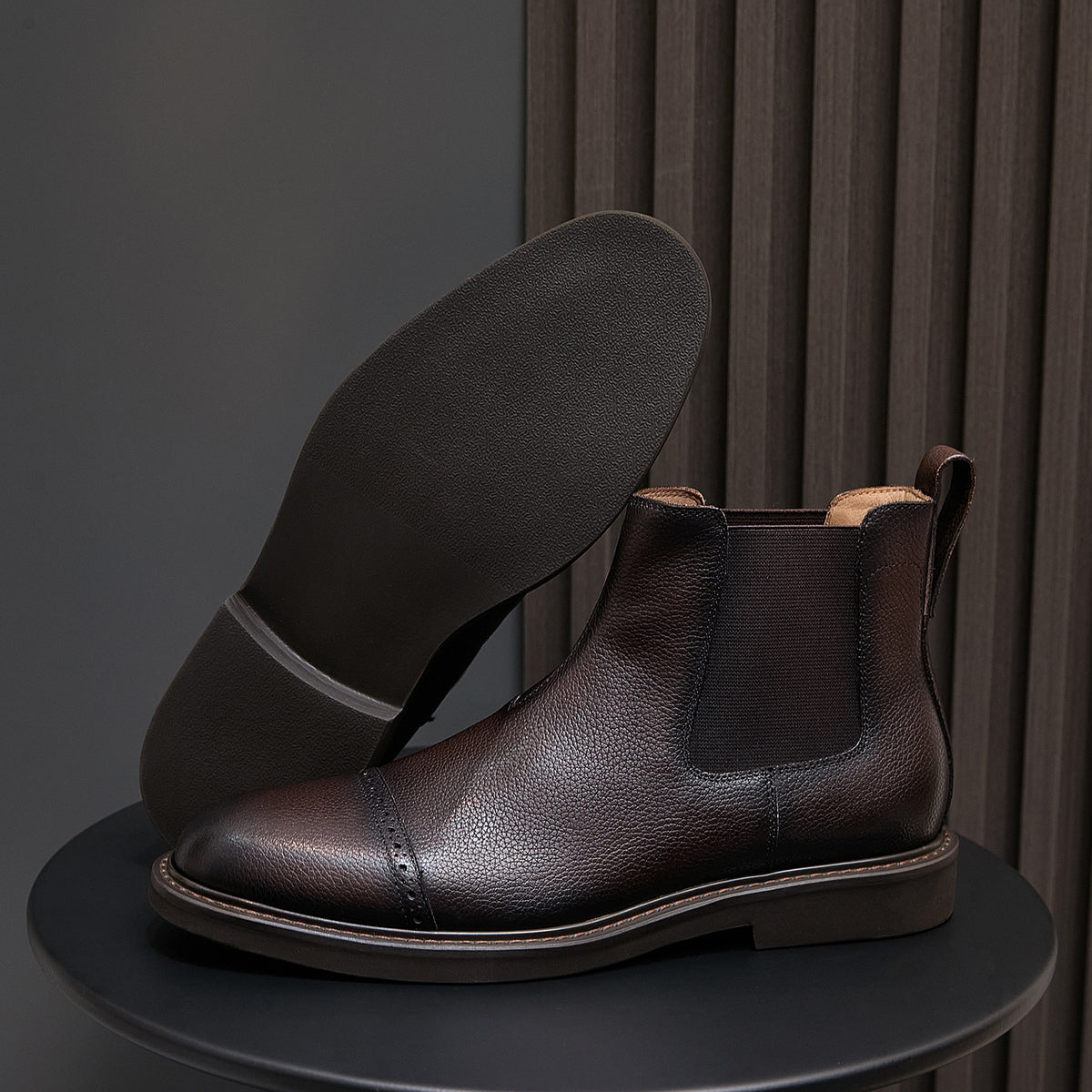 Men's pointed-toe Chelsea dress boot, dark brown with elastic gore and rounded outsole