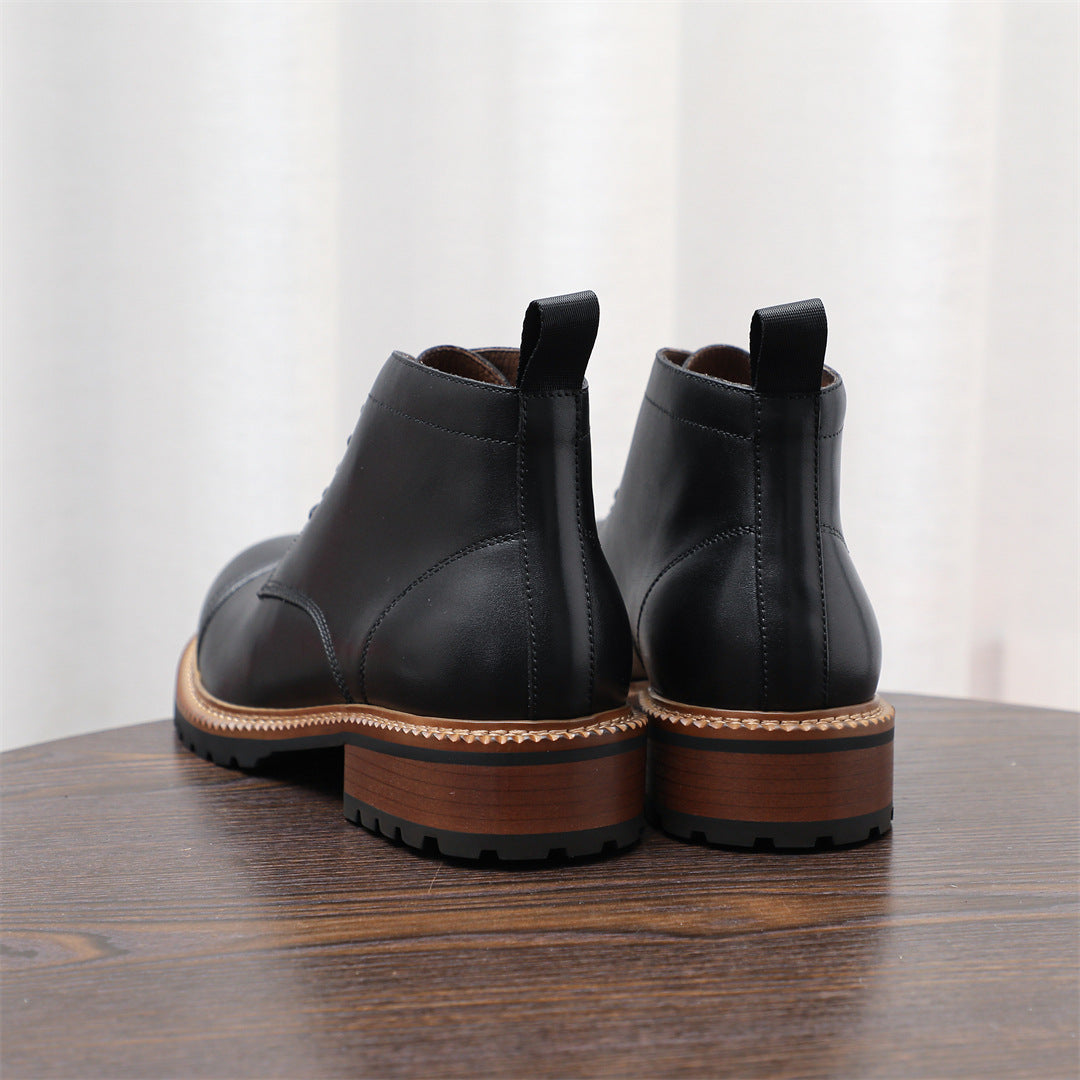Cap Toe Leather Contrast-Welt Lace-Up Boots for Men