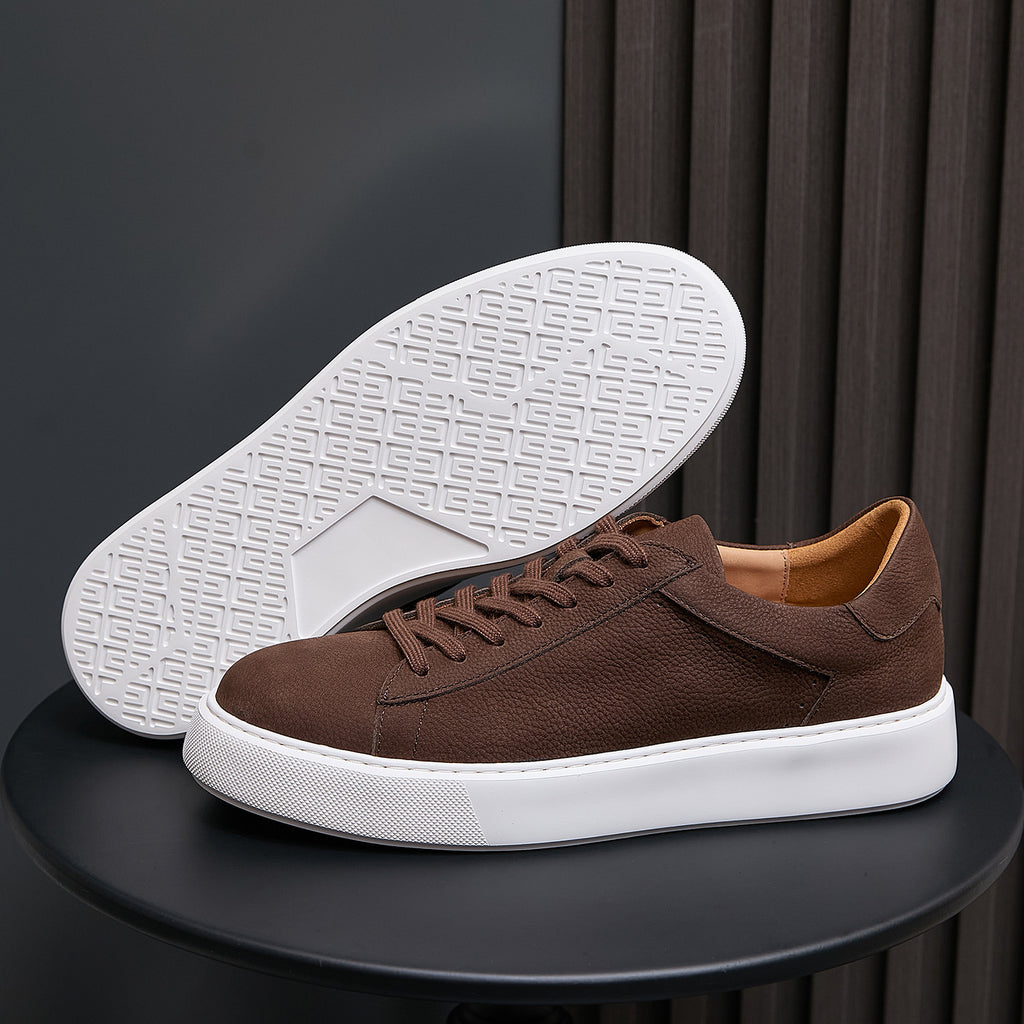 Men's brown leather sneakers, lace-up upper with white outsole and midsole