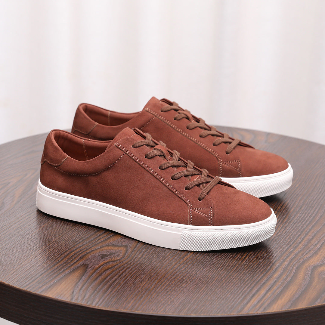 Men's leather sneakers, dark brown, lace-up design with white rubber sole