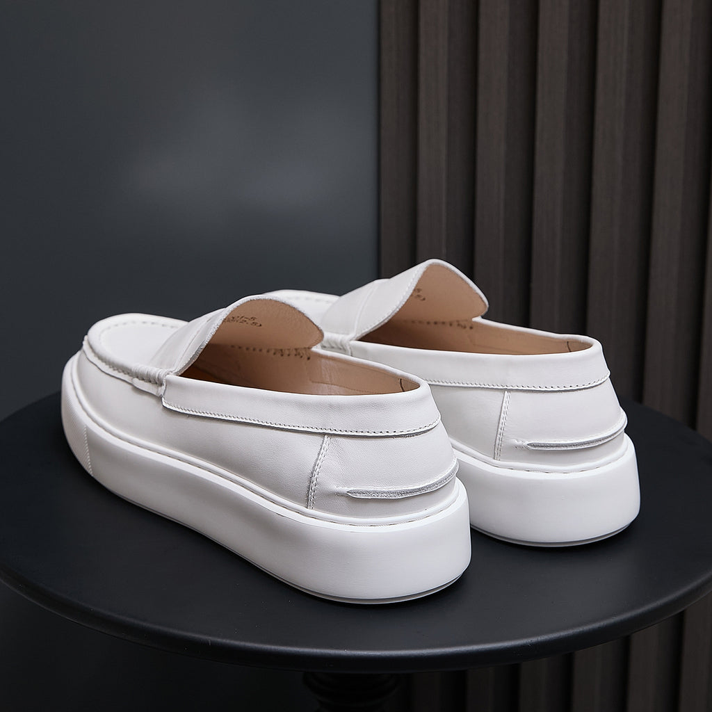 White leather sneakers, rear view with padded heel and slip-on back tab