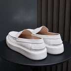 White leather sneakers, rear view with padded heel and slip-on back tab