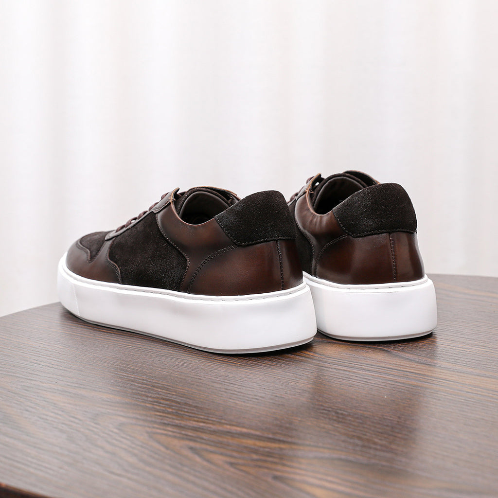 Men's genuine leather sneakers with dark upper and white rubber sole