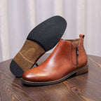 Men's pointed cap-toe leather side-zip dress boot, dark brown, side view