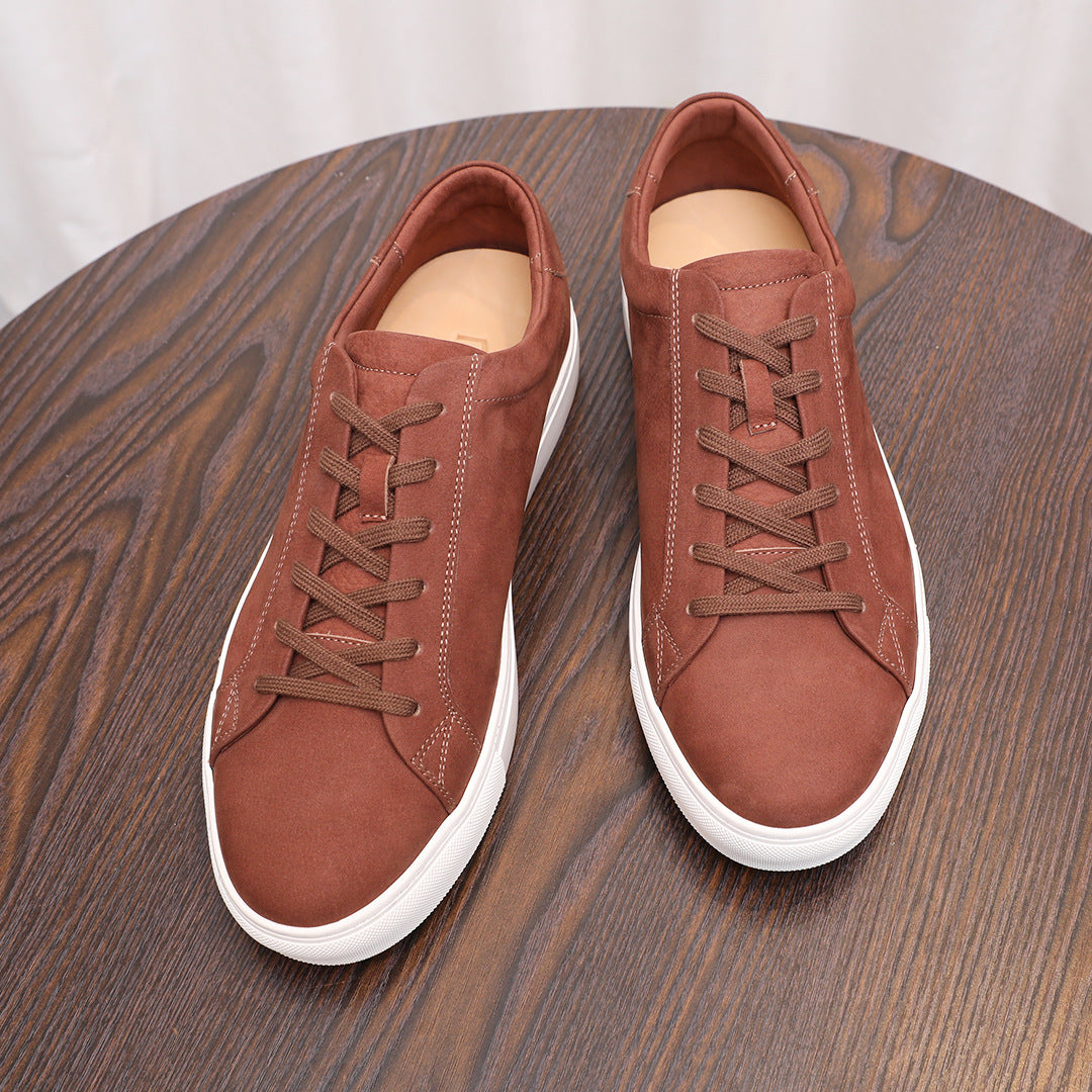 Men's leather sneakers, rust brown suede, lace-up with white rubber sole