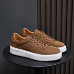 Men's tan-brown leather sneakers, lace-up design with white rubber sole
