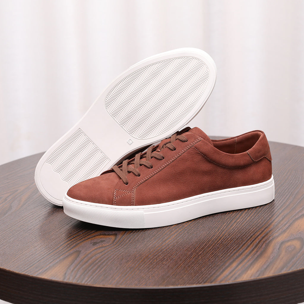 Men's leather sneakers, rust brown, lace-up with textured white outsole